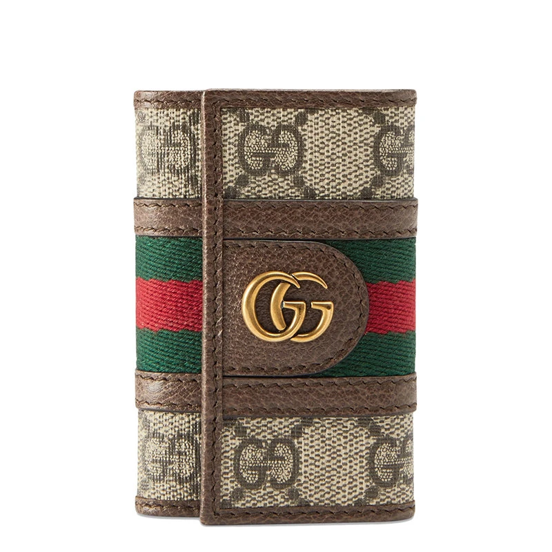 商品Gucci|【预售3-7天】GUCCI/古驰 Ophidia系列 经典老花帆布棕色皮革滚边金色双G扣钥匙包60373296IWT8745,价格¥2440,第1张图片