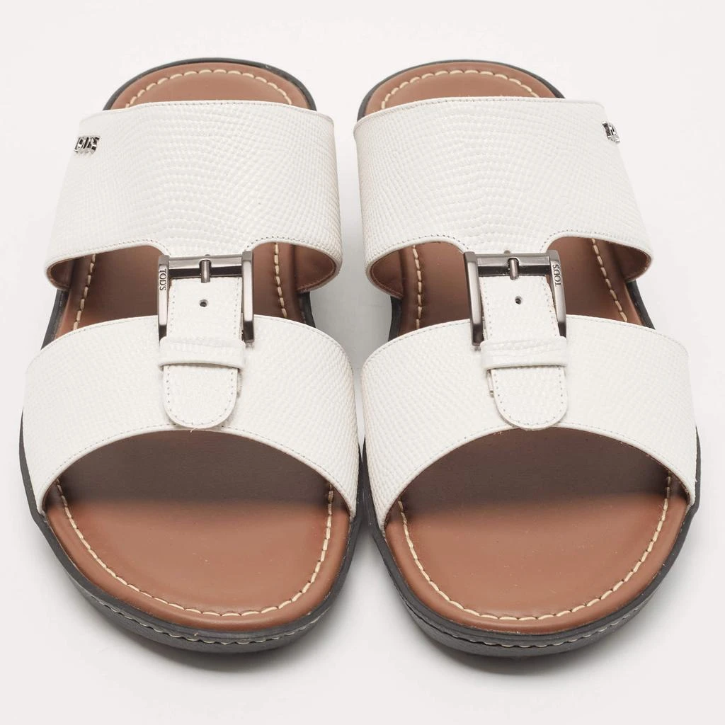 商品Tod's|Tod's White Lizard Embossed Leather Buckle Detail Slide Sandals Size 44,价格¥2070,第3张图片详细描述