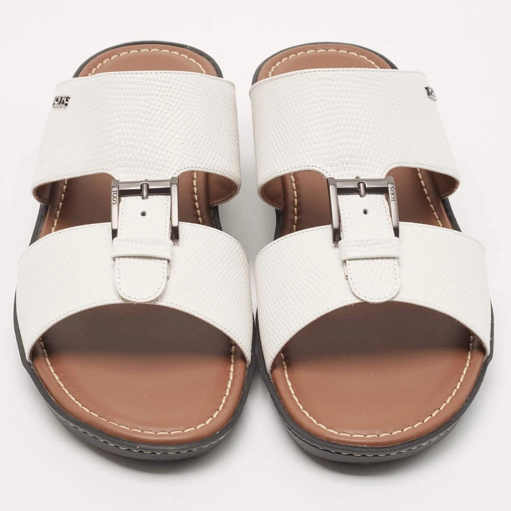 商品Tod's|Tod's White Lizard Embossed Leather Buckle Detail Slide Sandals Size 44,价格¥2009,第3张图片详细描述