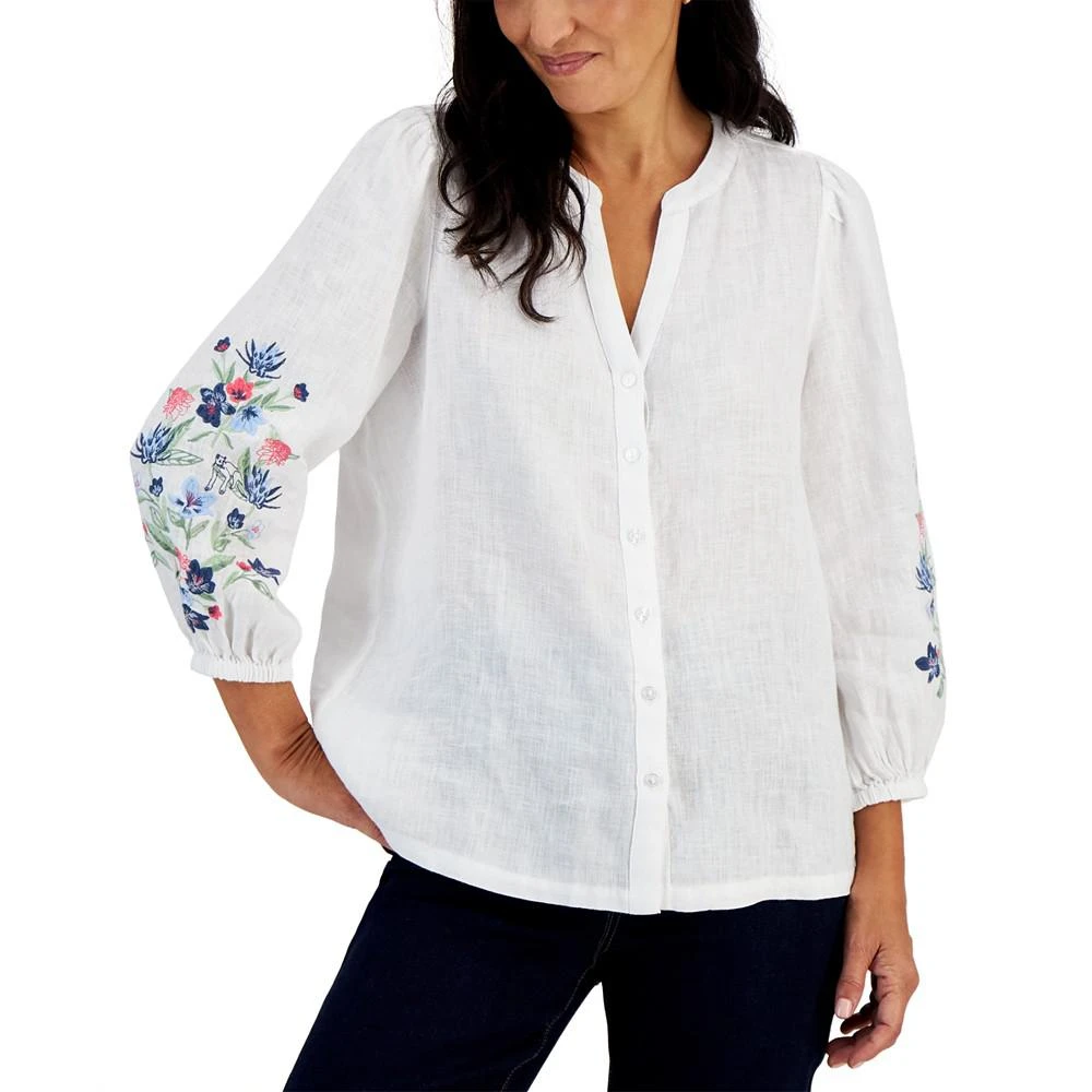 商品Charter Club|Petite Linen Embroidered-Sleeve Top, Created for Macy's,价格¥300,第1张图片