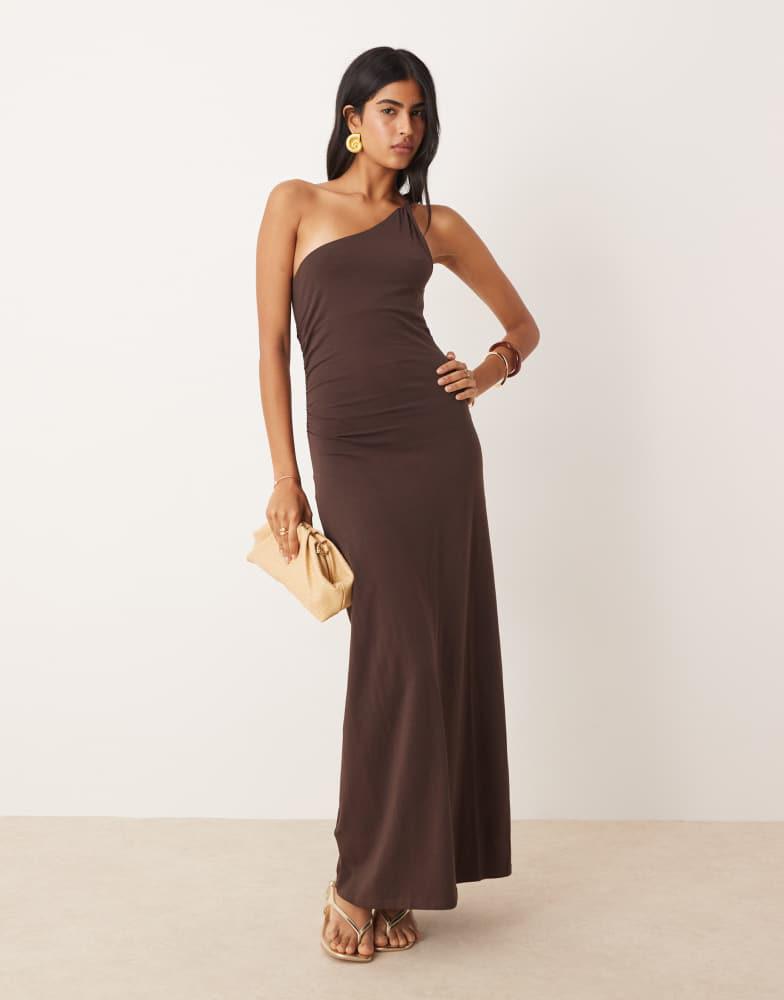 mango brown one shoulder dress Mango Asymmetric One Shoulder Combined-Knit Maxi Dress SIze XS Brown Minimalist