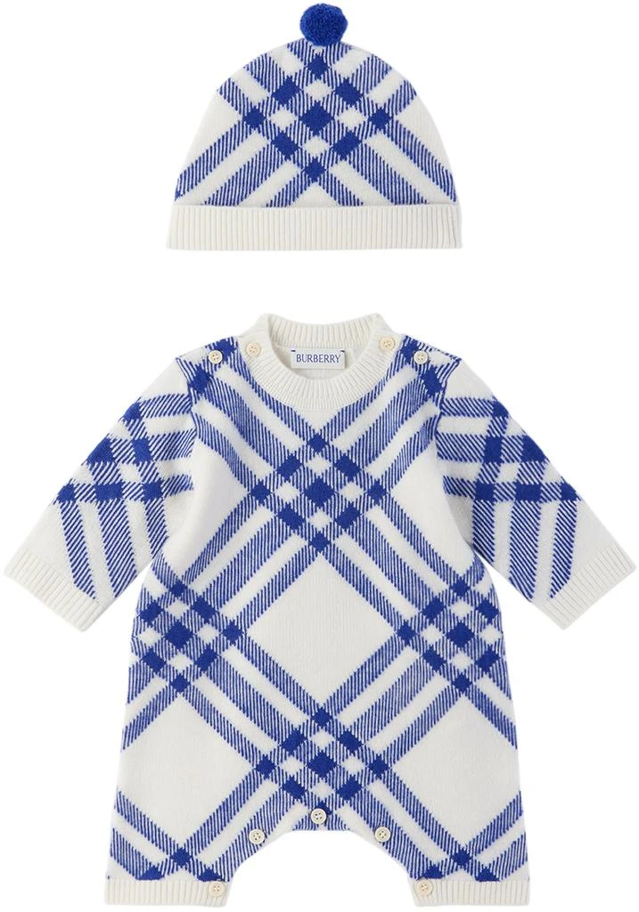 商品Burberry|白色格纹婴儿连身裤 & 毛线帽套装,价格¥4517,第1张图片