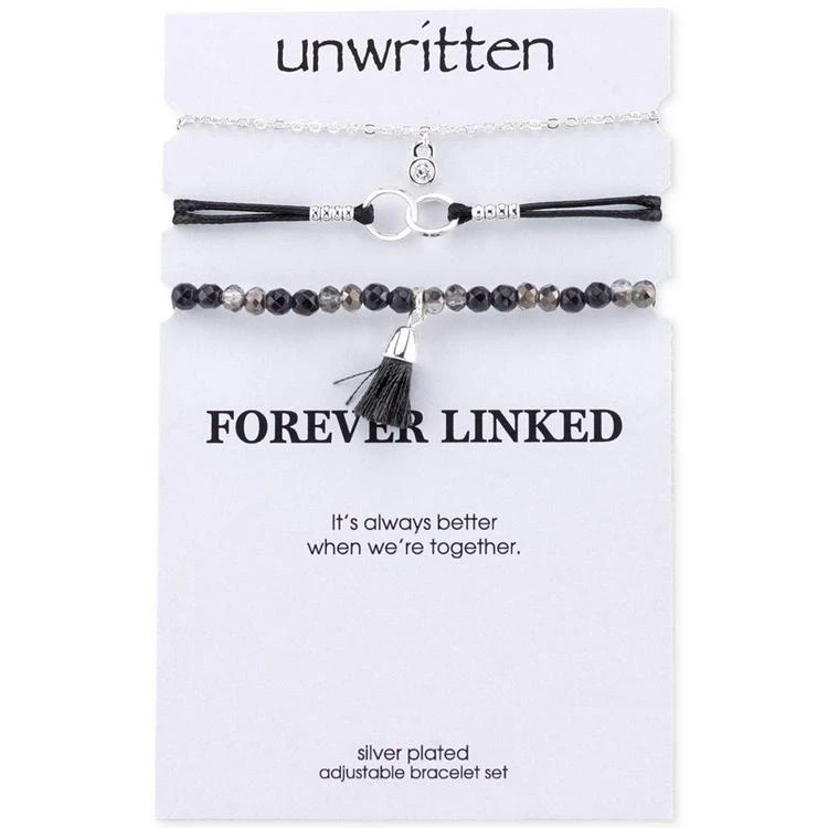 商品Unwritten|3-Pc. Set Crystal, Bead and Link Black Cord Adjustable Bracelets in Silver-Plate,价格¥105,第1张图片