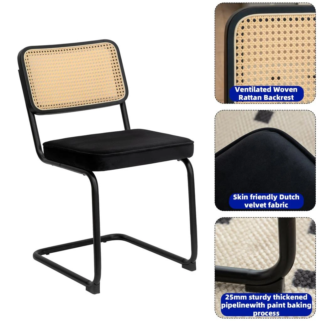 商品Streamdale Furniture|Streamdale Velvet Rattan Dining Chairs, Chrome Legs, Set of 2, Black,价格¥1339,第2张图片详细描述