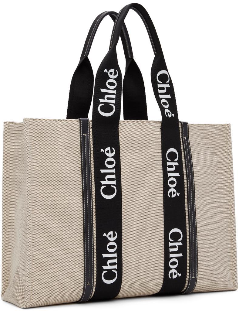 商品Chloé|Off-White & Black Large Woody Tote Bag,价格¥8052,第4张图片详细描述