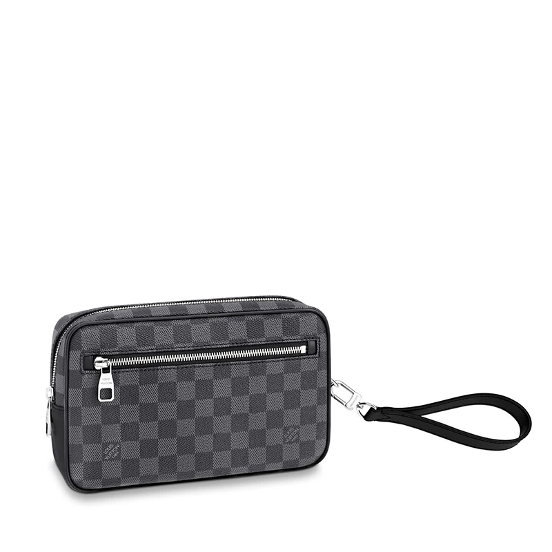 商品Louis Vuitton|预售10天 Louis Vuitton/路易威登 22春夏新款KASAI系列 男士石墨色方格棋盘帆布配皮徽标印花银扣配腕带拉链开合手拿包N41664,价格¥10483,第1张图片
