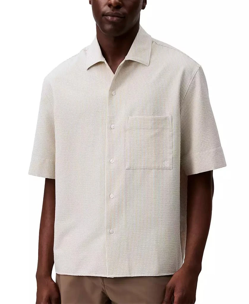 商品Calvin Klein|Men's Relaxed Fit Short Sleeve Seersucker Striped Button-Front Shirt,价格¥397,第1张图片