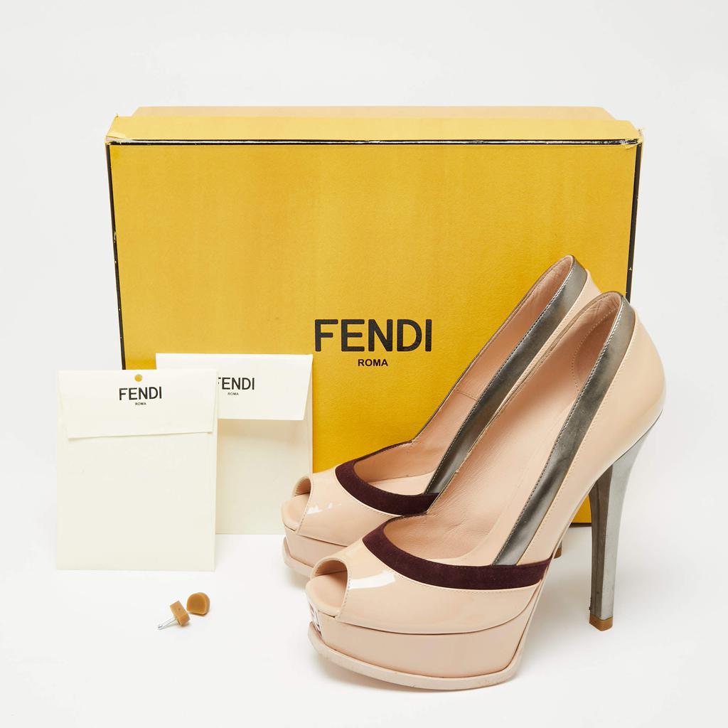 Fendi Tri Color Patent Leather and Suede Fendista Peep Toe Platform Pumps Size 37.5商品第9张图片规格展示