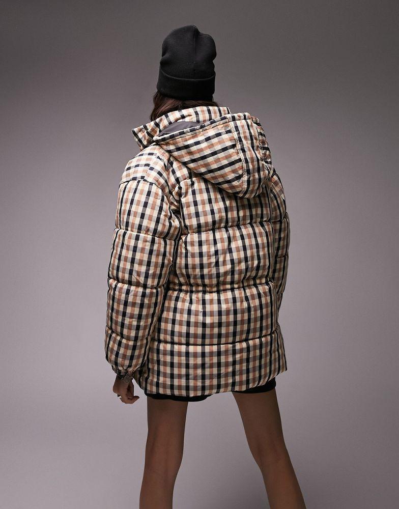 商品Topshop|Topshop cinched waist detail puffer jacket with hood in gingham,价格¥534,第4张图片详细描述