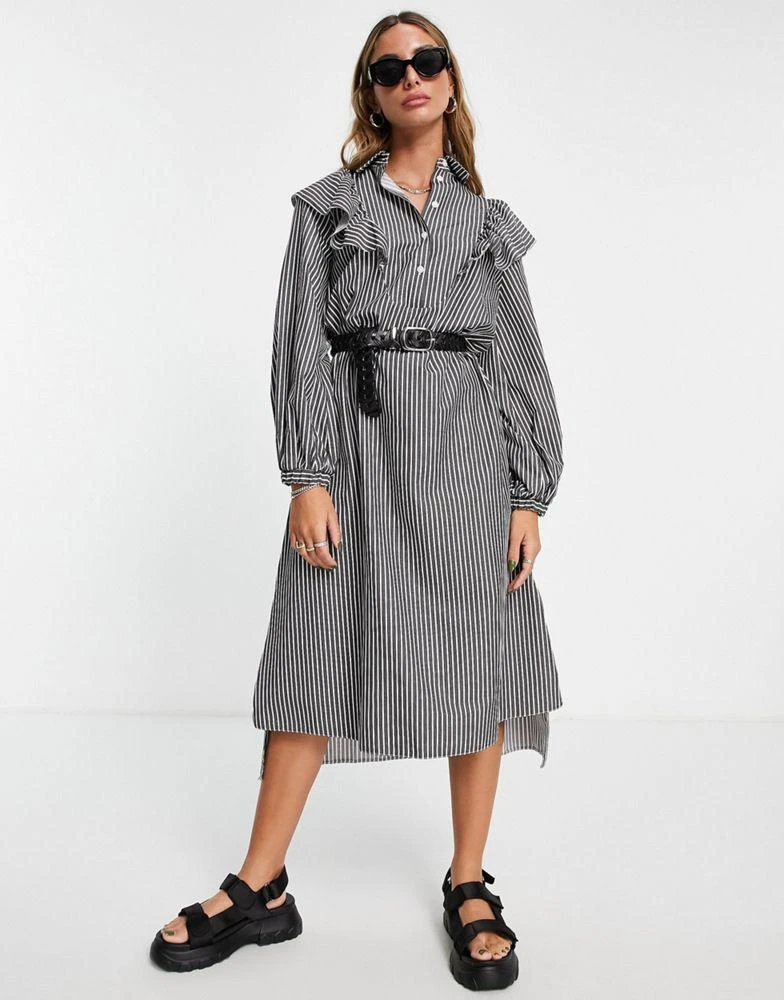 商品Topshop|Topshop poplin frill bib oversized midi shirt dress in navy and white stripe,价格¥192,第1张图片