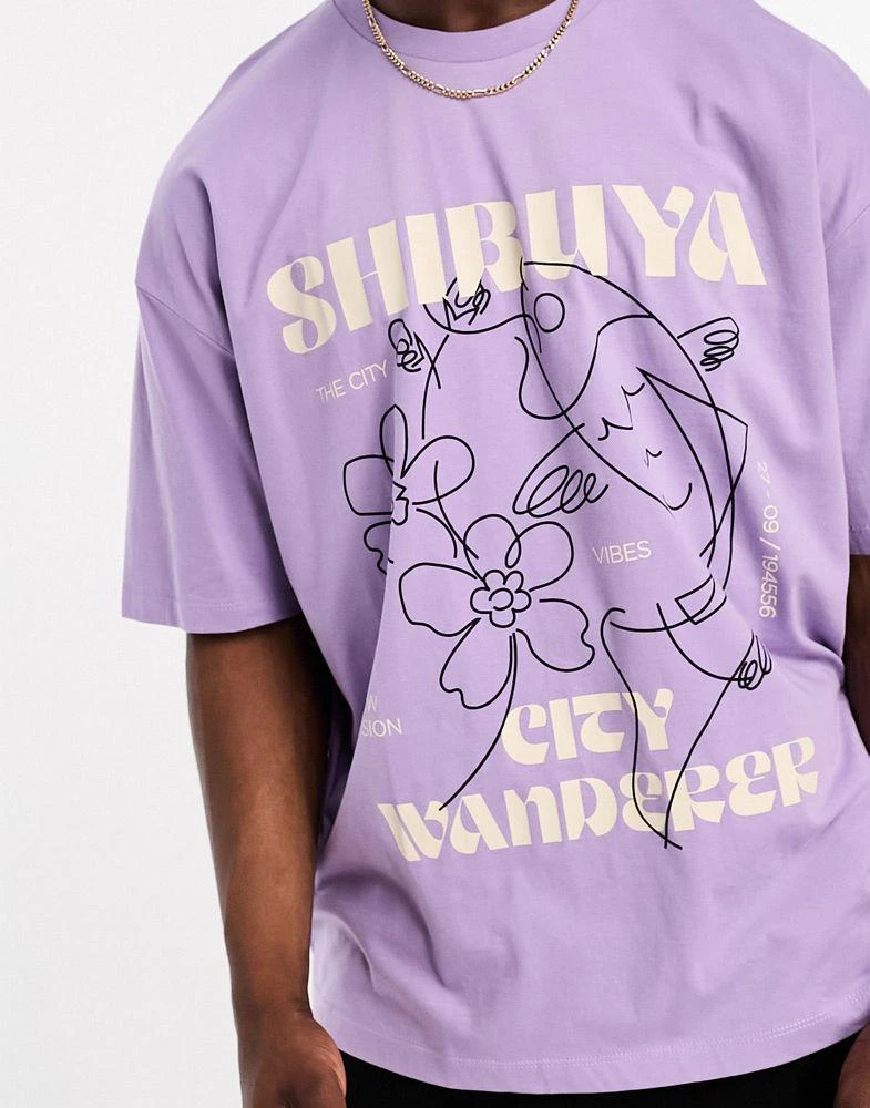 商品ASOS|ASOS DESIGN oversized t-shirt in purple with line drawing fish front print,价格¥87,第2张图片详细描述