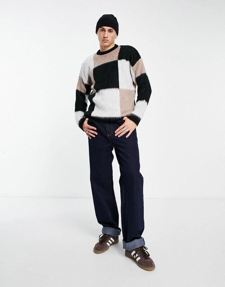 ASOS DESIGN fluffy knit checkerboard jumper in black white and beige商品第4张图片规格展示