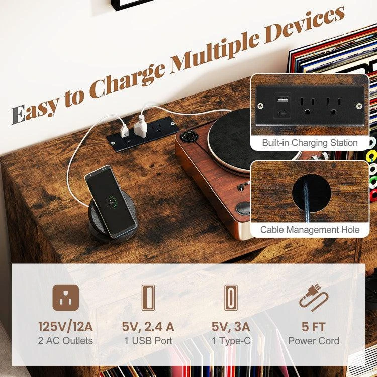 商品Hivvago|Record Player Stand with Power Outlet-Rustic Brown,价格¥1023,第4张图片详细描述