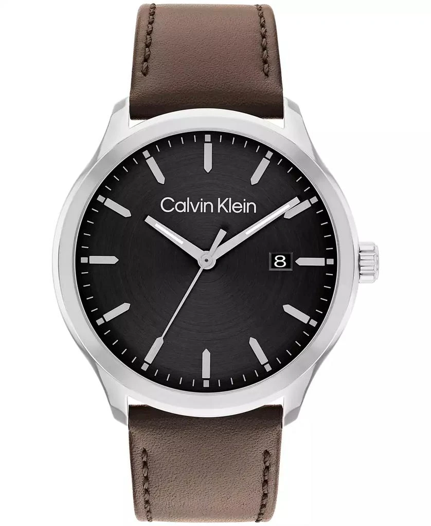 商品Calvin Klein|Men's 3H Quartz Brown Leather Strap Watch 43mm,价格¥638,第1张图片