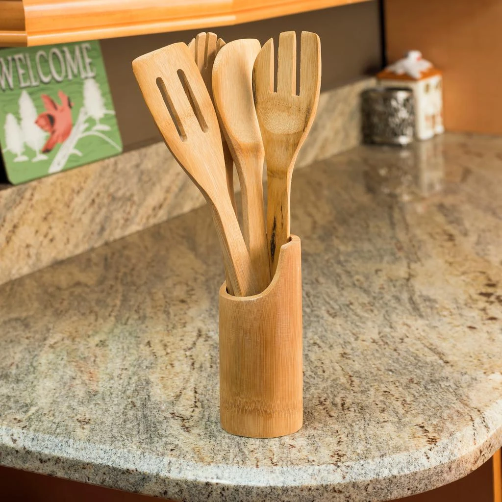 商品Home Basics|Home Basics 5 Piece Bamboo Utensil Set with Sculptural Holder, Natural,价格¥115,第2张图片详细描述