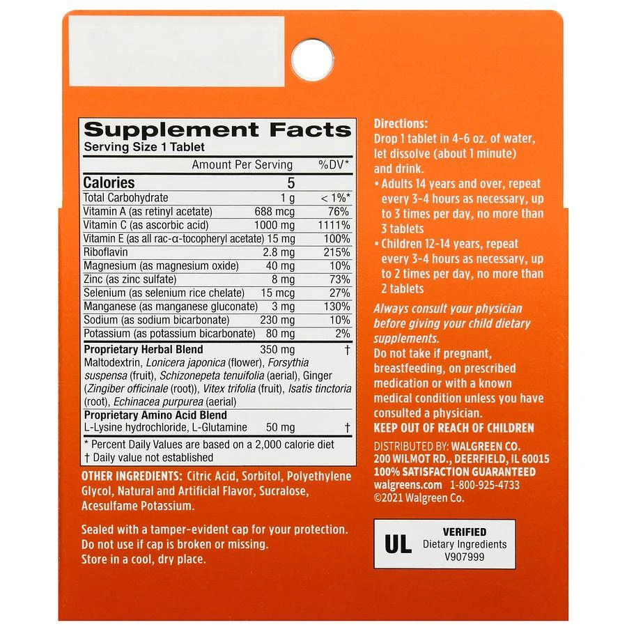 商品Walgreens|Immune Support Vitamin C 1000 mg Tablets (20 days) Orange,价格¥101,第3张图片详细描述