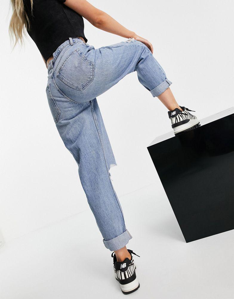ASOS DESIGN Petite high rise 'slouchy' mom jeans with rips in stonewash blue商品第2张图片规格展示