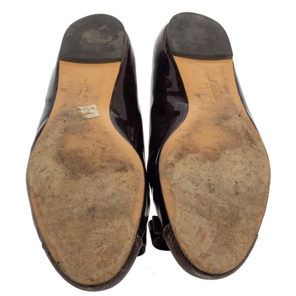  Salvatore Ferragamo Brown Lizard Embossed And Patent Leather Vara Bow Ballet Flats Size 40 商品