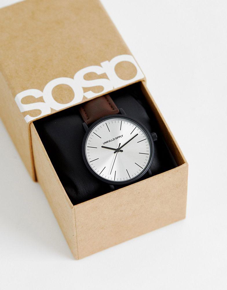 商品ASOS|ASOS DESIGN classic watch with matte black case and faux leather strap in brown,价格¥158,第4张图片详细描述