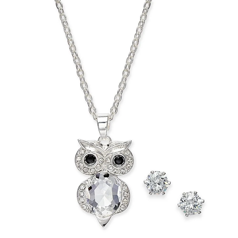 商品Charter Club|Fine Silver Plate 2-Pc. Set Crystal Owl Pendant Necklace & Solitaire Stud Earrings, Created for Macy's,价格¥67,第1张图片