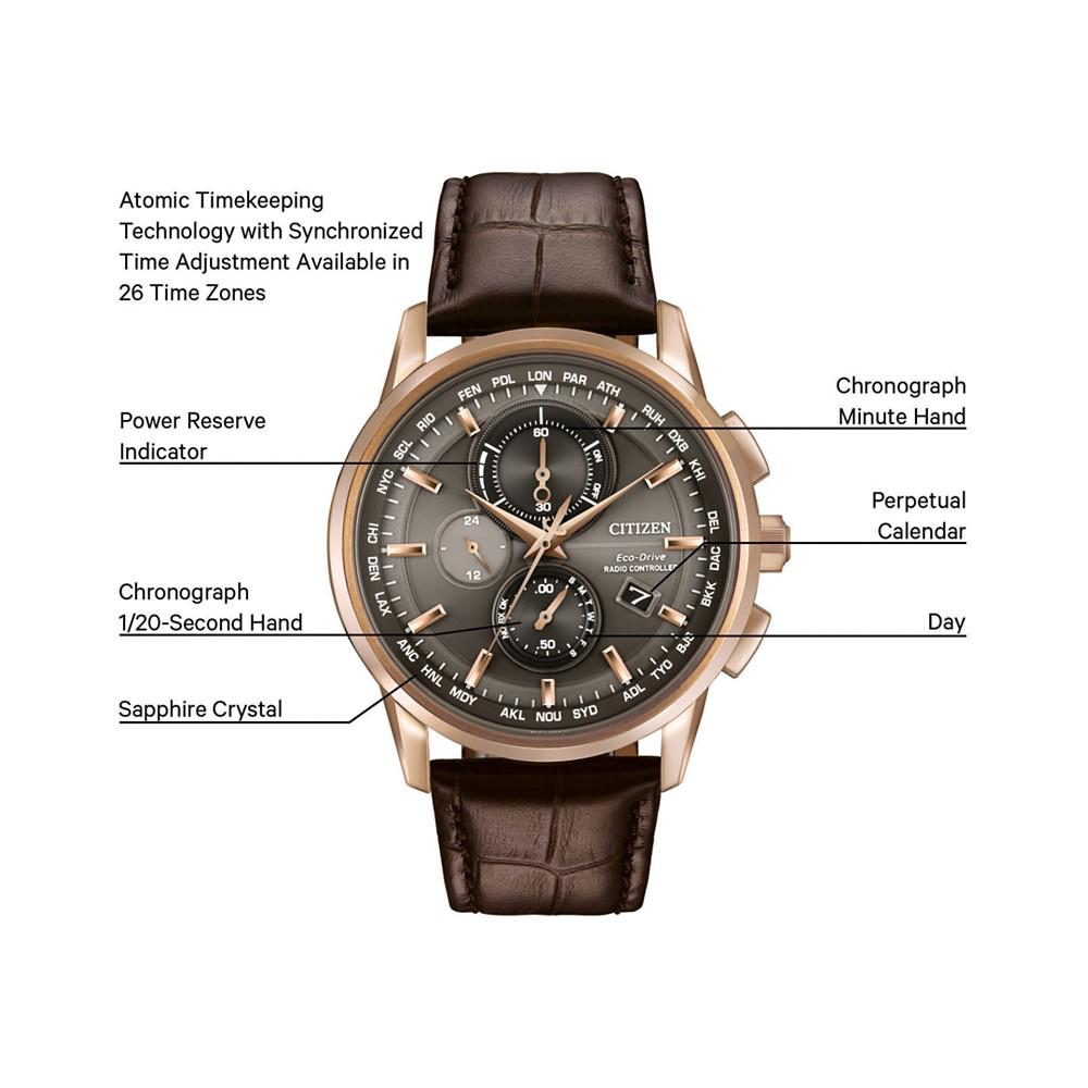 Men's World Chronograph Time AT Eco-Drive Brown Leather Strap Watch 43mm AT8113-04H商品第2张图片规格展示