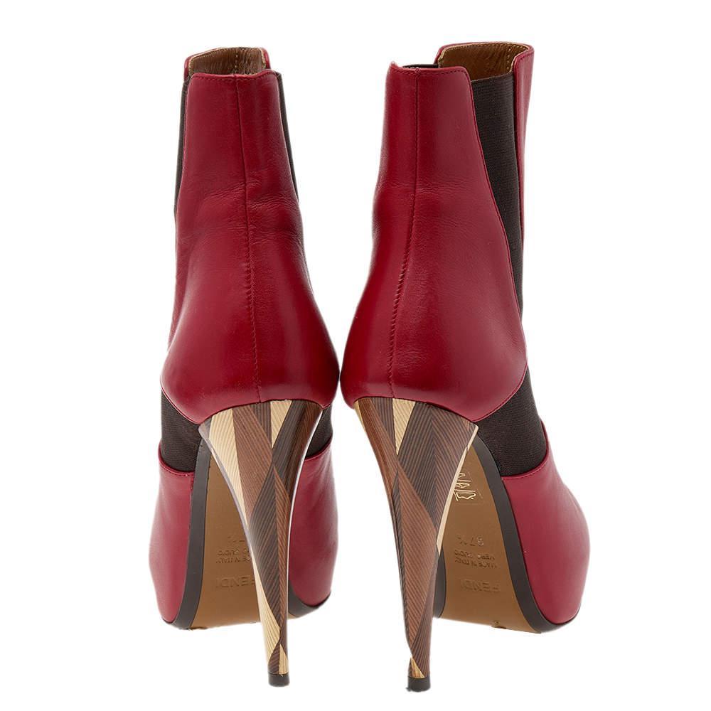 商品[二手商品] Fendi|Fendi Red/Brown Leather And Stretch Fabric Platform Ankle Boots Size 37.5,价格¥1395,第7张图片详细描述