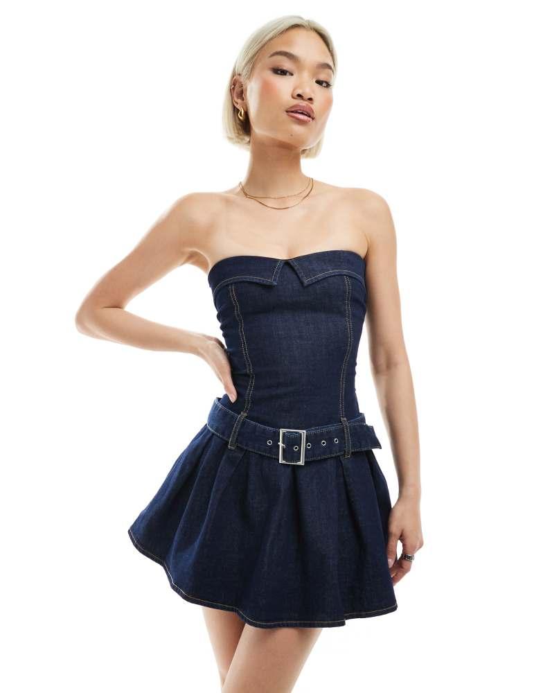 bershka denim dress Shop Bershka bandeau belted denim mini dress in dark wash blue on Sale at  BeyondStyle – Get 10% Off Bershka bandeau belted denim mini dress in dark  wash blue with Limited-Time Flash