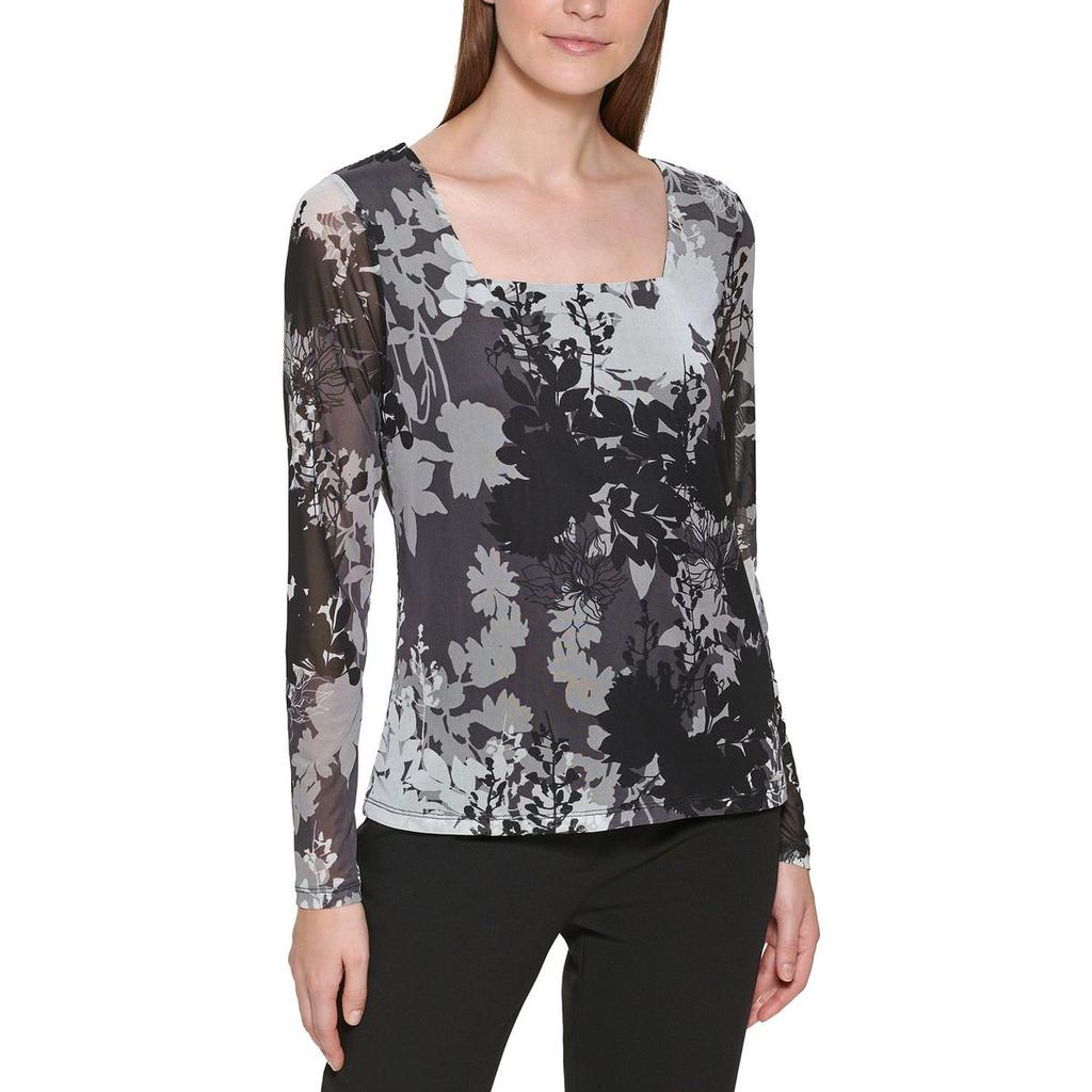 Calvin Klein Womens Petites Floral Square Neck Pullover Top商品第1张图片规格展示