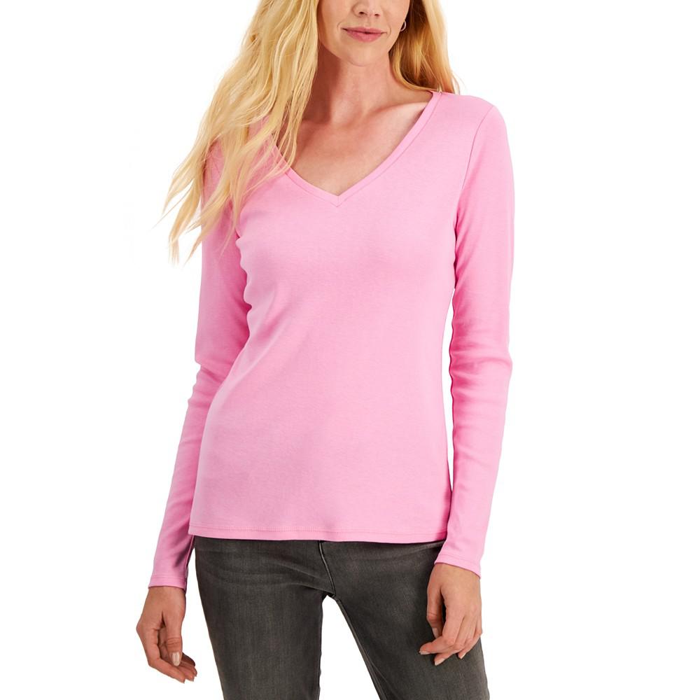 Cotton Long-Sleeve V-Neck T-Shirt, Created for Macy's商品第1张图片规格展示