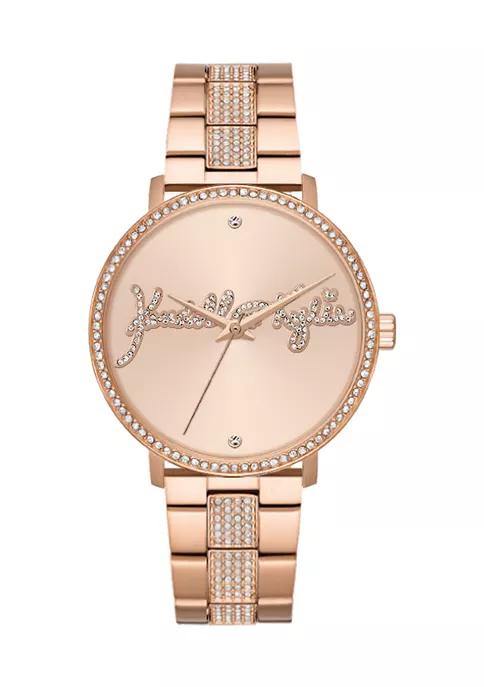 Rose Gold Tone Metal Analog Watch with Bedazzled Logo商品第1张图片规格展示