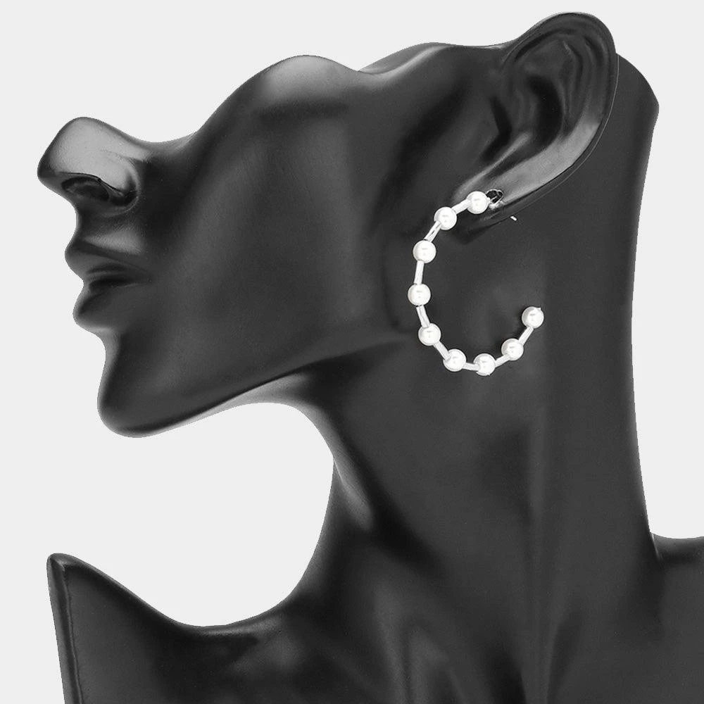 商品FASHNZFAB|Pearl Station Hoop Earrings - Rhodium,价格¥186,第1张图片详细描述