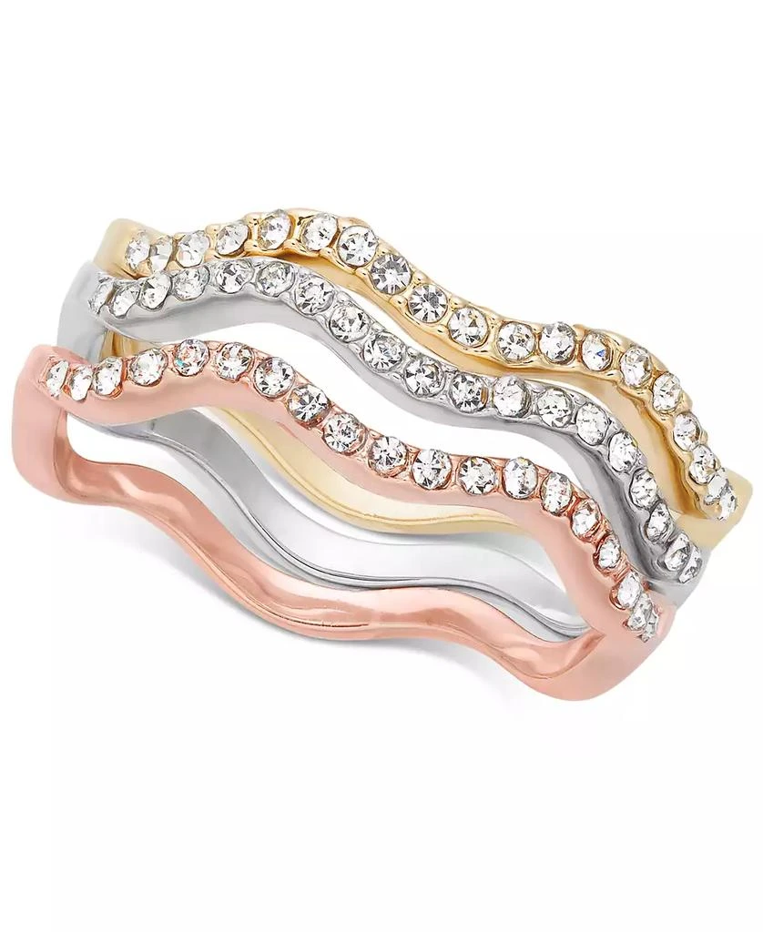 商品Charter Club|Tri-Tone Silver, Gold Plated, 18K Rose Gold Plated 3-Pc. Set Pavé Wavy Rings, Created for Macy's,价格¥105,第1张图片