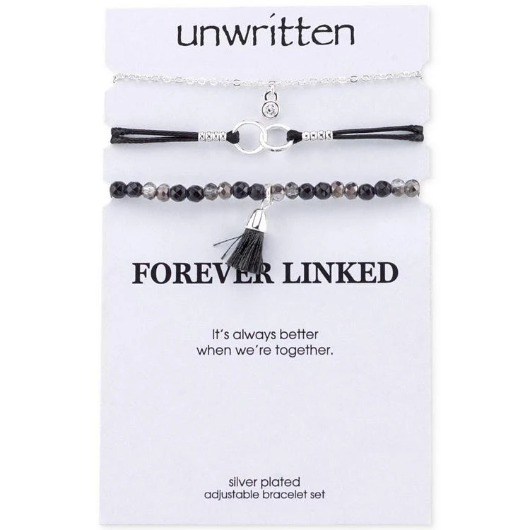 商品Unwritten|3-Pc. Set Crystal, Bead and Link Black Cord Adjustable Bracelets in Silver-Plate,价格¥105,第2张图片详细描述