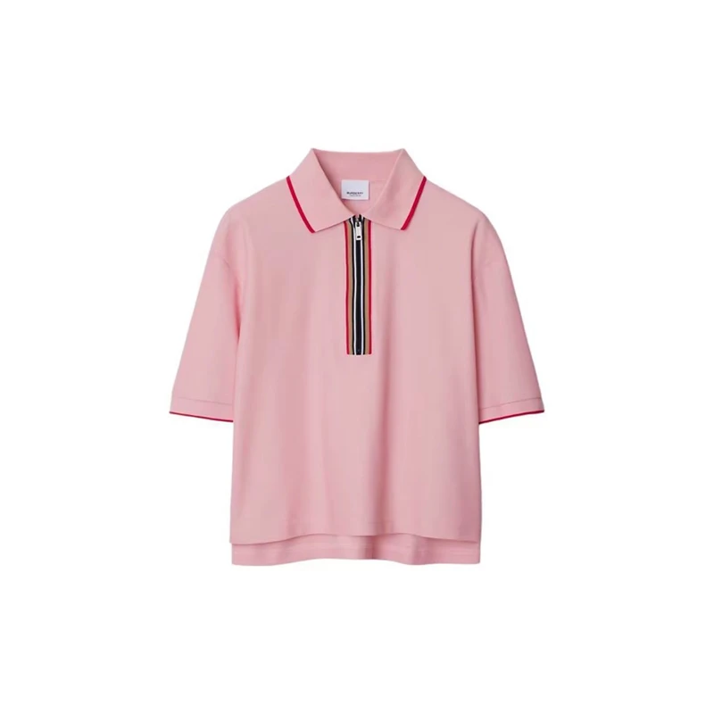 商品Burberry|【现货】博柏利 女士粉色棉质条纹半拉链休闲短袖Polo衫 80844271,价格¥1141,第1张图片