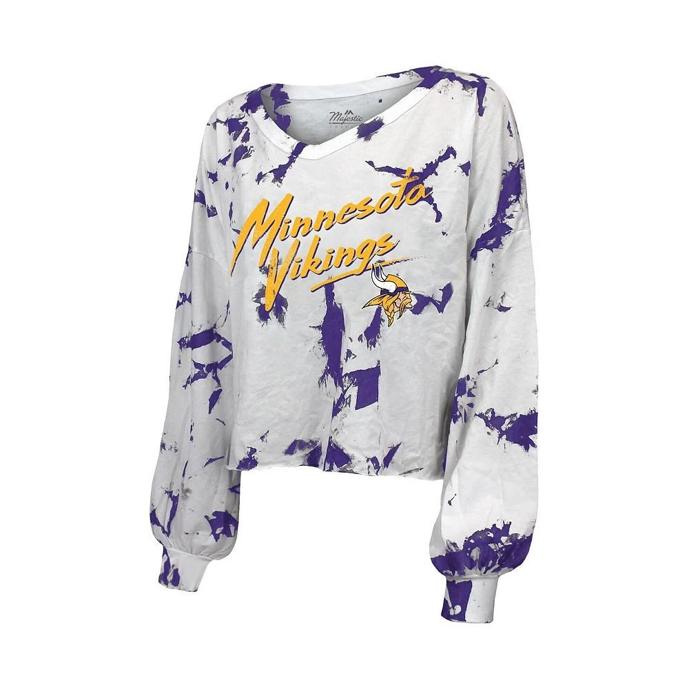 商品Majestic|Women's Threads Justin Jefferson White Minnesota Vikings Off-Shoulder Tie-Dye Name and Number Long Sleeve V-Neck Crop-Top T-shirt,价格¥447,第2张图片详细描述