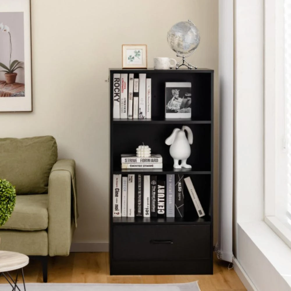 商品Hivvago|48 Inch Tall 4 Tiers Wood Bookcase with Drawer-Black,价格¥1021,第1张图片