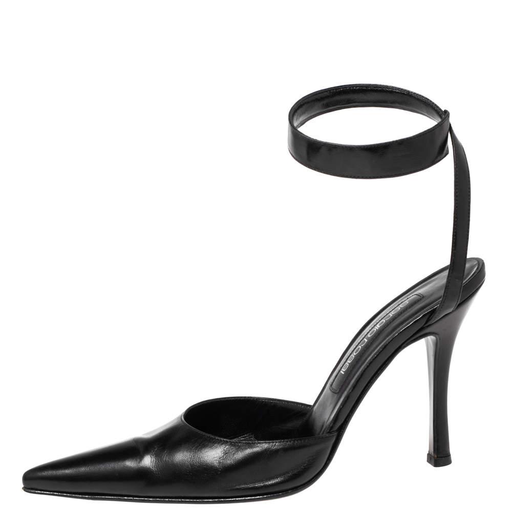 Sergio Rossi Black Leather Ankle Wrap Pointed-Toe Pumps Size 37.5商品第2张图片规格展示