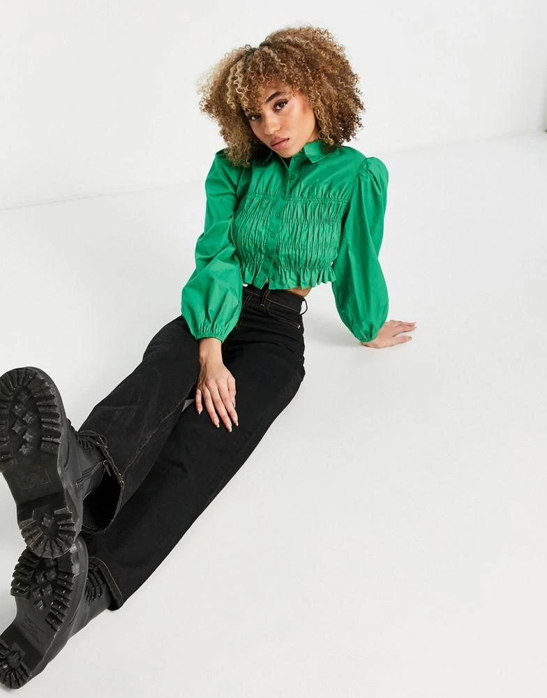 商品Topshop|Topshop 70s collar shirred poplin shirt in green,价格¥195,第4张图片详细描述