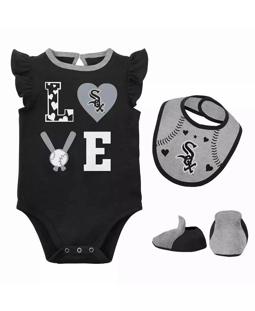 商品Outerstuff|Newborn and Infant Boys and Girls Black, Heather Gray Chicago White Sox Three-Piece Love of Baseball Bib Bodysuit and Booties Set,价格¥246,第1张图片