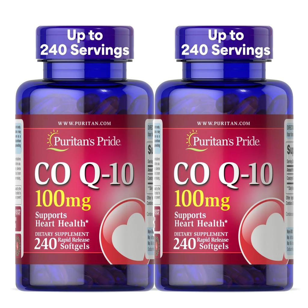 商品Puritan's Pride|Puritan's Pride Coenzyme CoQ10 100mg, Dietary Supplement for Heart Health, Blood Pressure, Oral Gum Health, and Healthy Aging Support, 240 Rapid Release Softgels, 2-Pack,价格¥112,第1张图片