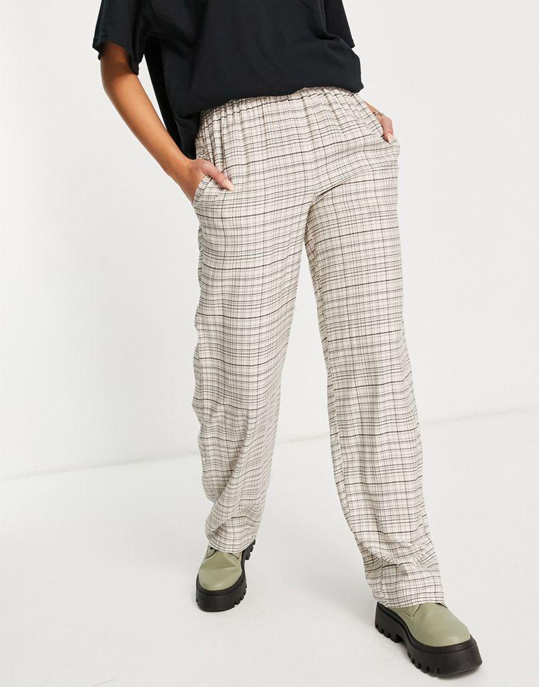 商品Topshop|Topshop co-ord check straight leg pull on trouser in beige,价格¥125,第1张图片