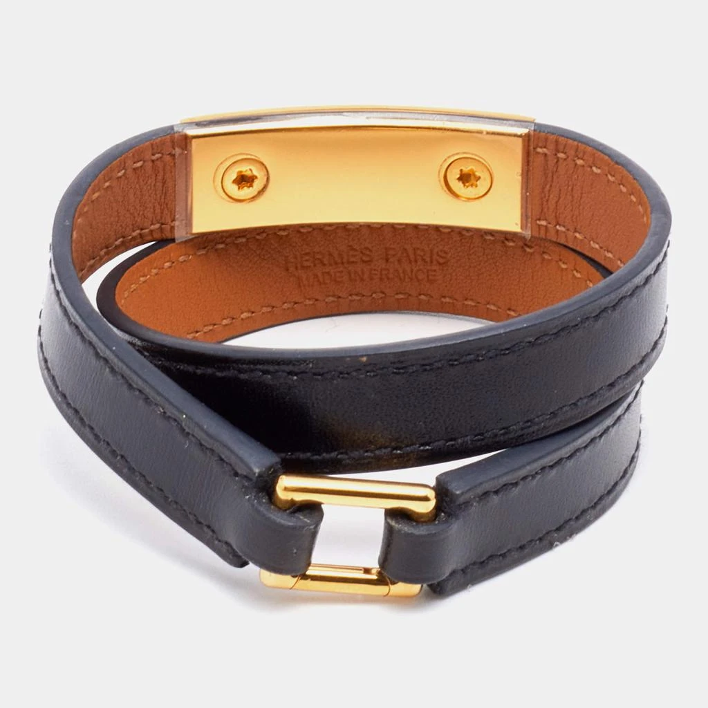 商品[二手商品] Hermes|Hermès Black Leather Gold Plated Rivale Double Tour Bracelet S,价格¥1553,第4张图片详细描述