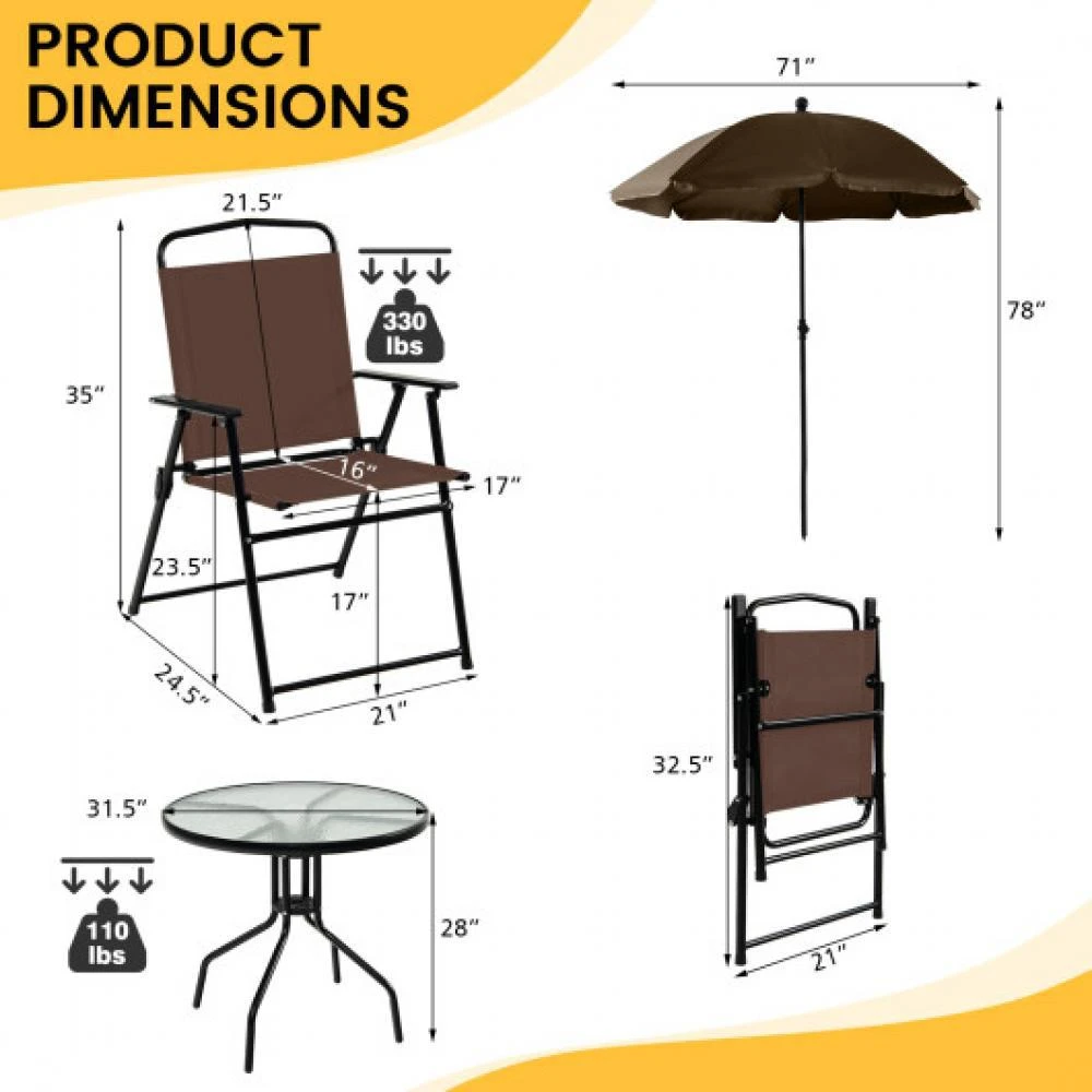 商品Hivvago|6 Pieces Patio Dining Set Folding Chairs Glass Table Tilt Umbrella for Garden-Coffee,价格¥1854,第4张图片详细描述