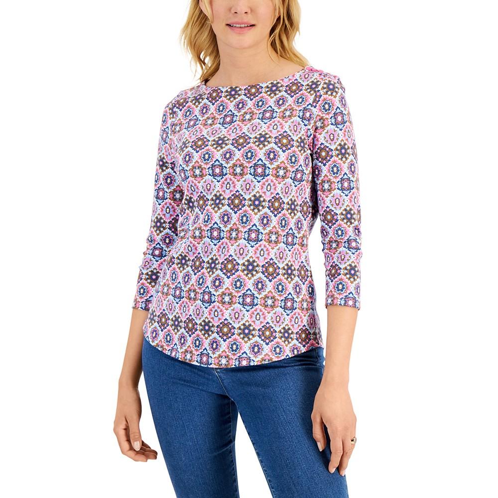 Petite Cotton Marleen Tile-Print 3/4-Sleeve T-Shirt, Created for Macy's商品第1张图片规格展示