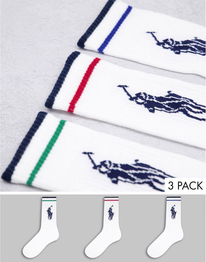 Polo Ralph Lauren 3 pack sport socks in white with stripe and large pony logo商品第1张图片规格展示