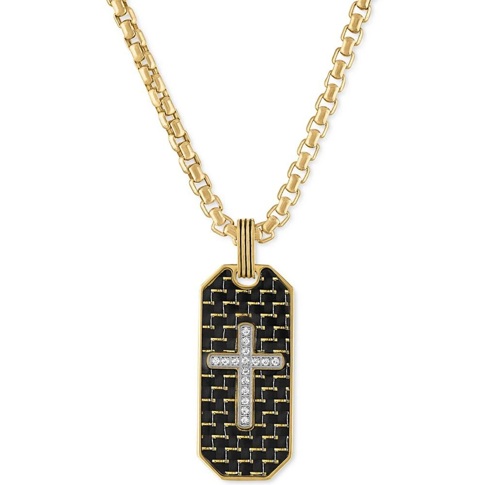 商品Esquire Men's Jewelry|Diamond Cross Woven Carbon Fiber Dog Tag 22" Pendant Necklace (1/6 ct. t.w.) in Gold-Tone Ion-Plated Stainless Steel, Created for Macy's,价格¥672,第1张图片