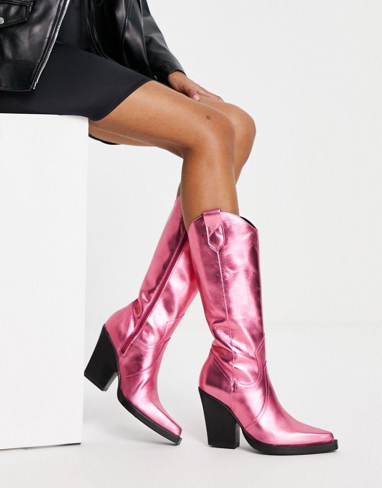 ASOS DESIGN Camouflage premium leather western knee boots in pink商品第1张图片规格展示