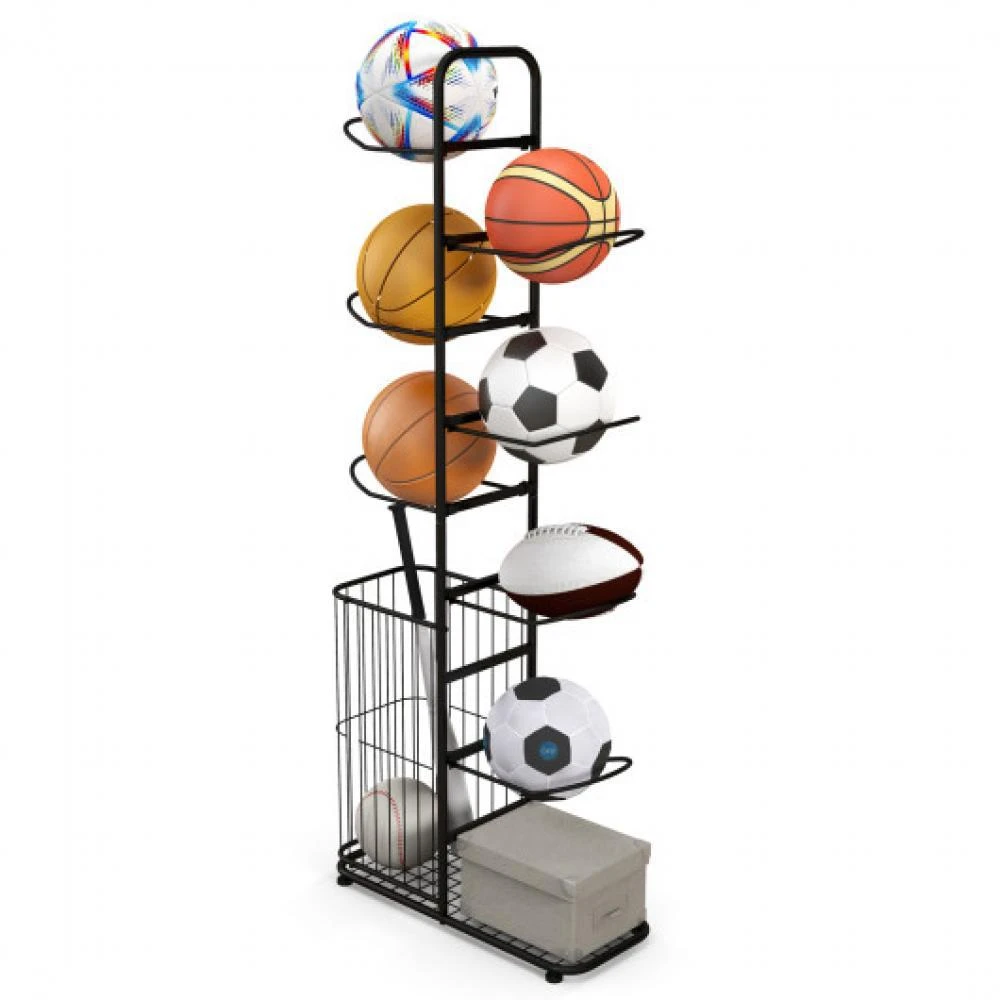 商品Hivvago|Metal Basketball Holder with 7 Removable Hanging Rods and Side Ball Basket,价格¥687,第4张图片详细描述