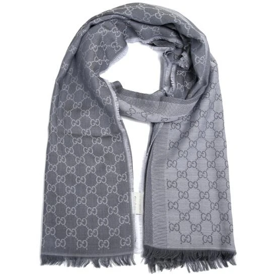 商品Gucci|Gucci 古驰浅灰色GG字母图案双面羊毛和真丝混纺围巾,价格¥4464,第1张图片
