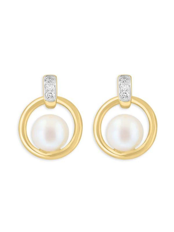 商品Effy|14K Yellow Gold, 5mm Freshwater Pearl & Diamond Drop Earrings,价格¥2663,第2张图片详细描述